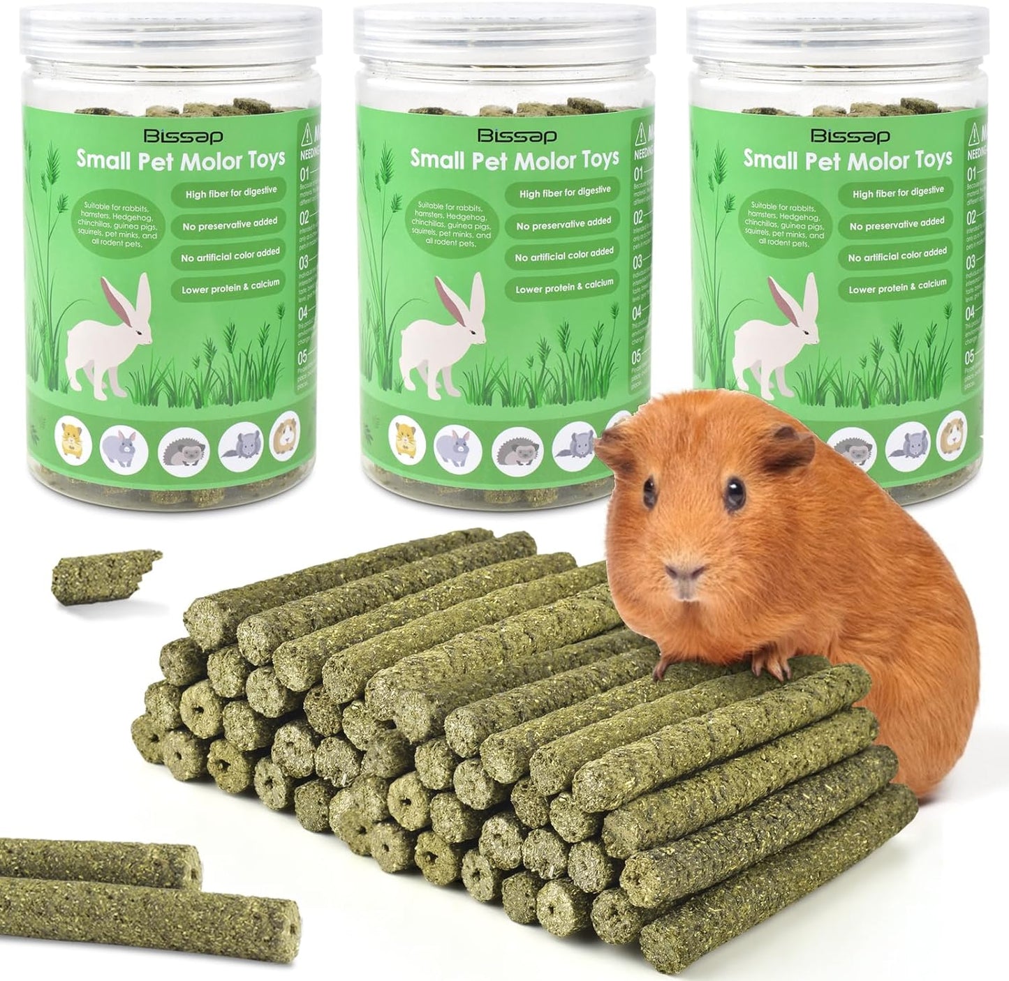 Bissap Timothy grass chew toys laid out to display consistent stick sizing and shape.