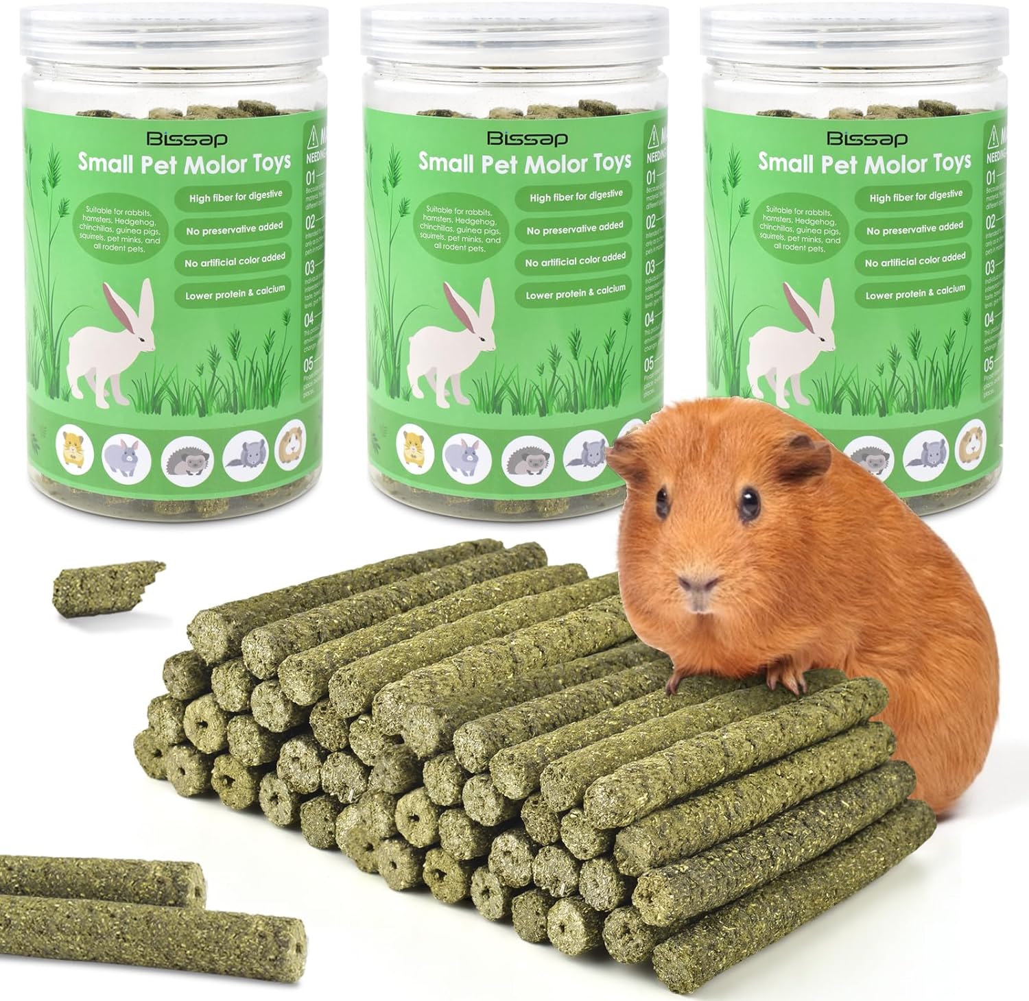 Bissap Timothy grass chew toys laid out to display consistent stick sizing and shape.