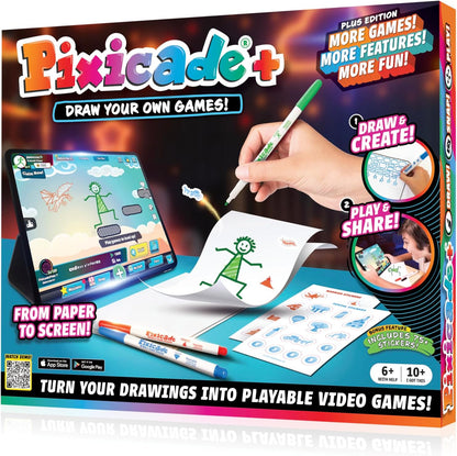 Abacus Brands Pixicade Plus video game maker kit front box view displaying markers and game concepts.