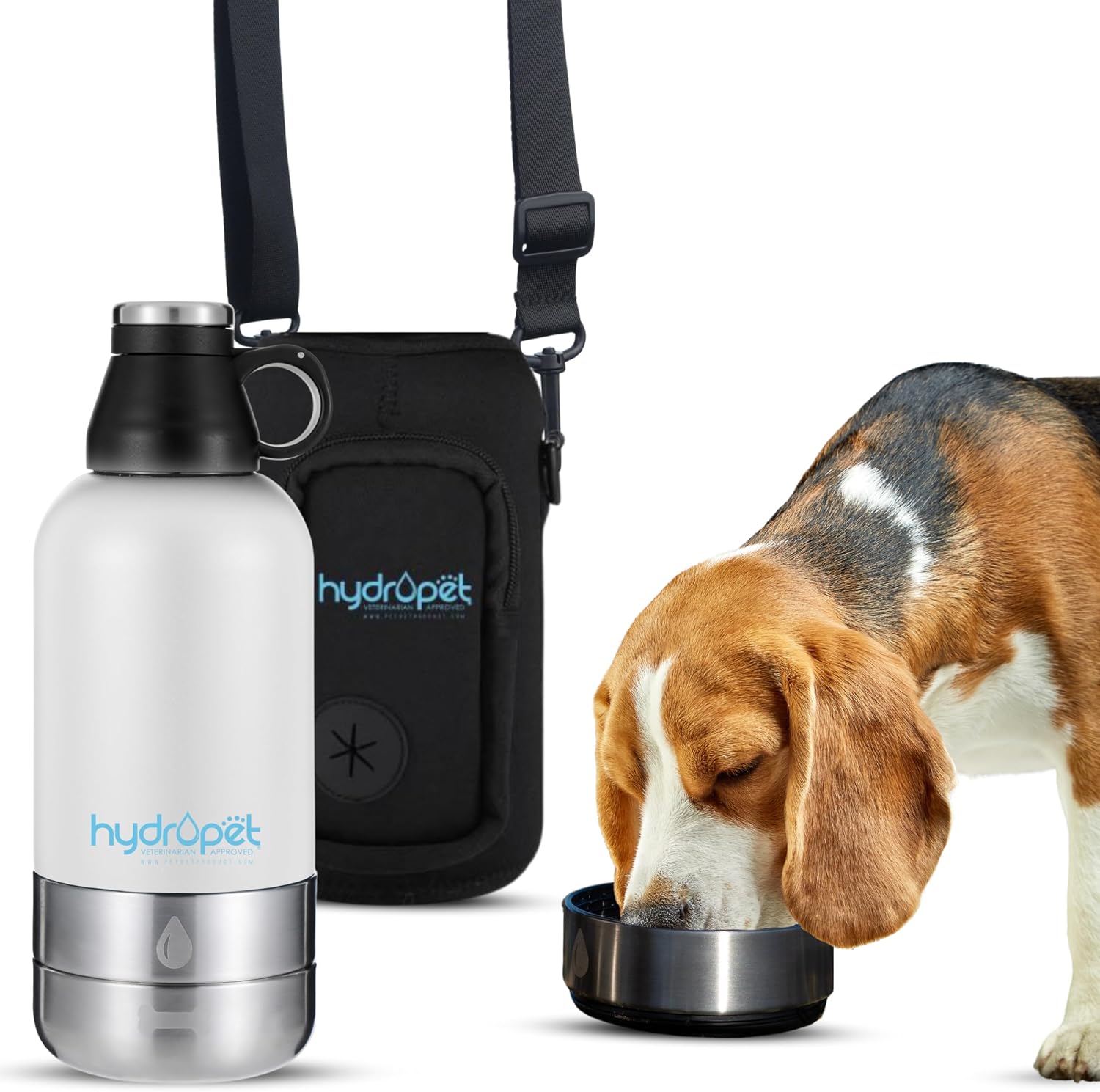Pet Vet Products HydroPet portable dog water bottle front view showing the white insulated stainless steel flask and detachable bowls.
