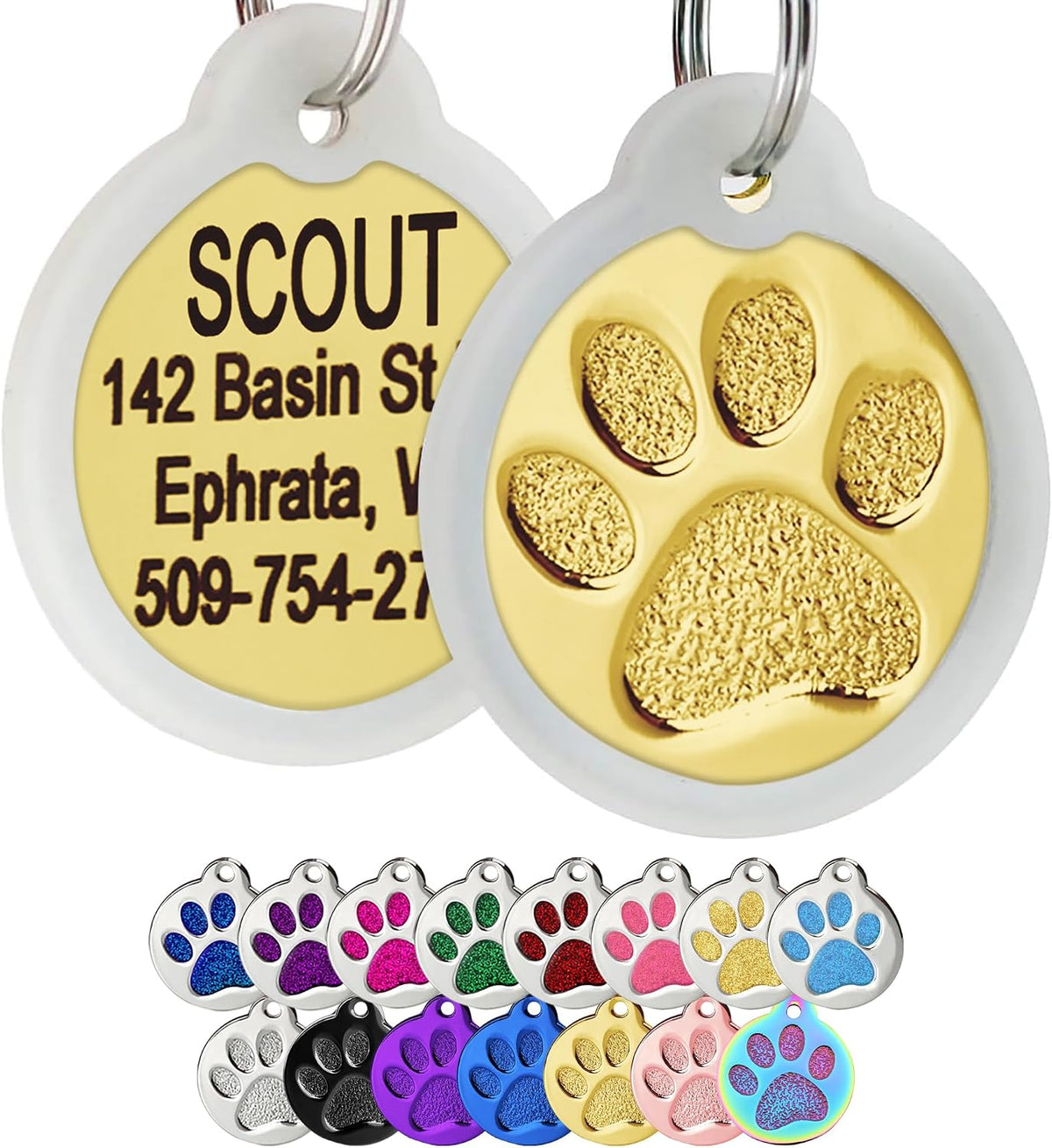 GoTags Paw Print Round Stainless Steel Pet Tag for Dogs and Cats, Personalized with 4 Lines of Custom Engraved ID Name and Number, in Stainless Steel and 15 Colors Small and Large, Glitter Blue - Image 11