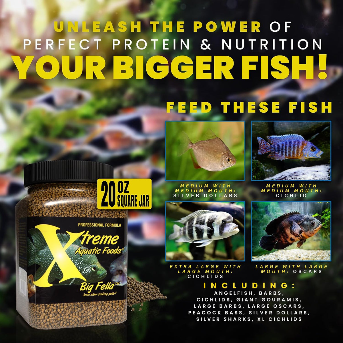 Xtreme fish food container showing nutritional ingredients and feeding guide