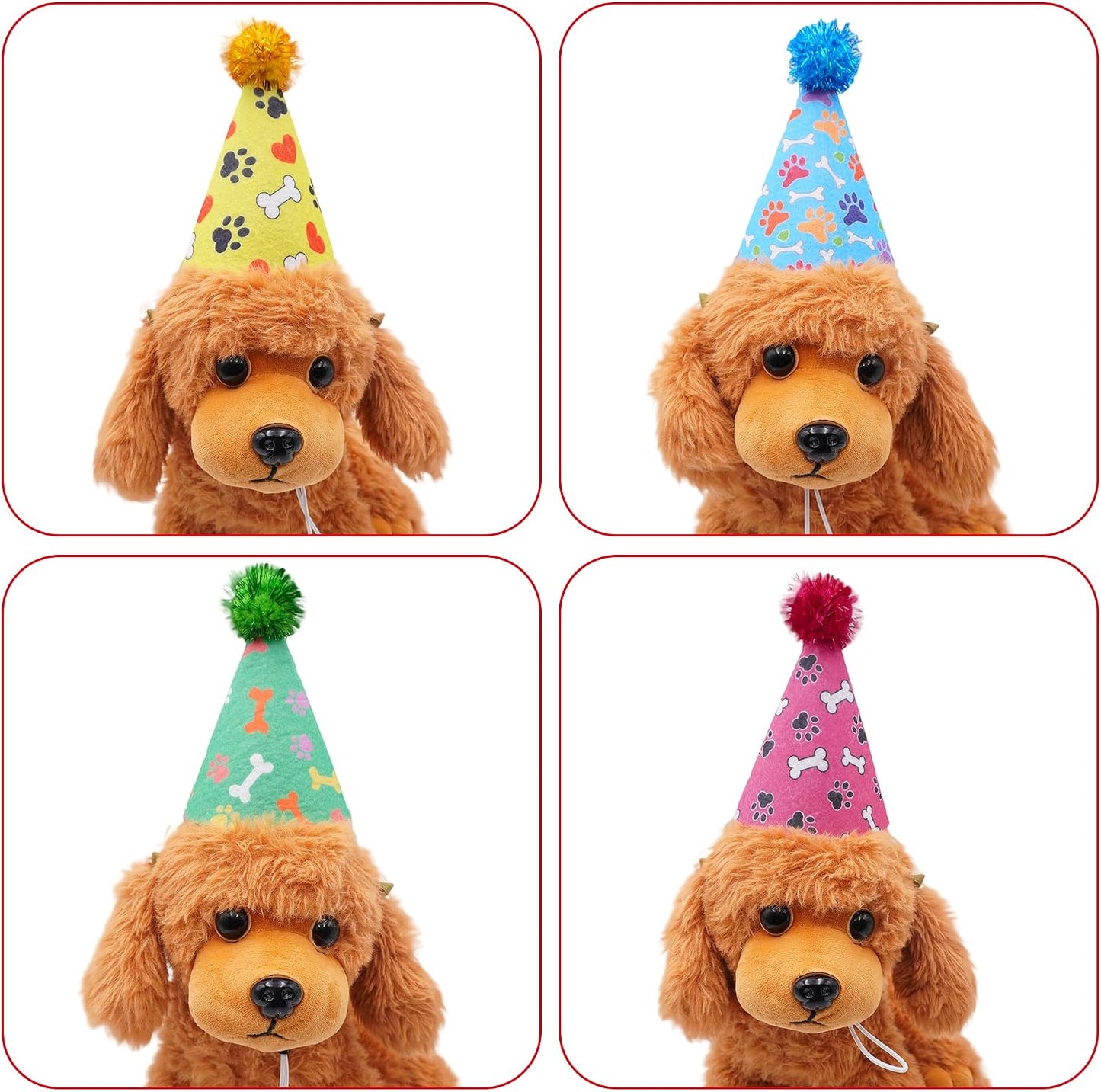 Small puppy wearing JpGdn birthday hat for celebration photo shoot
