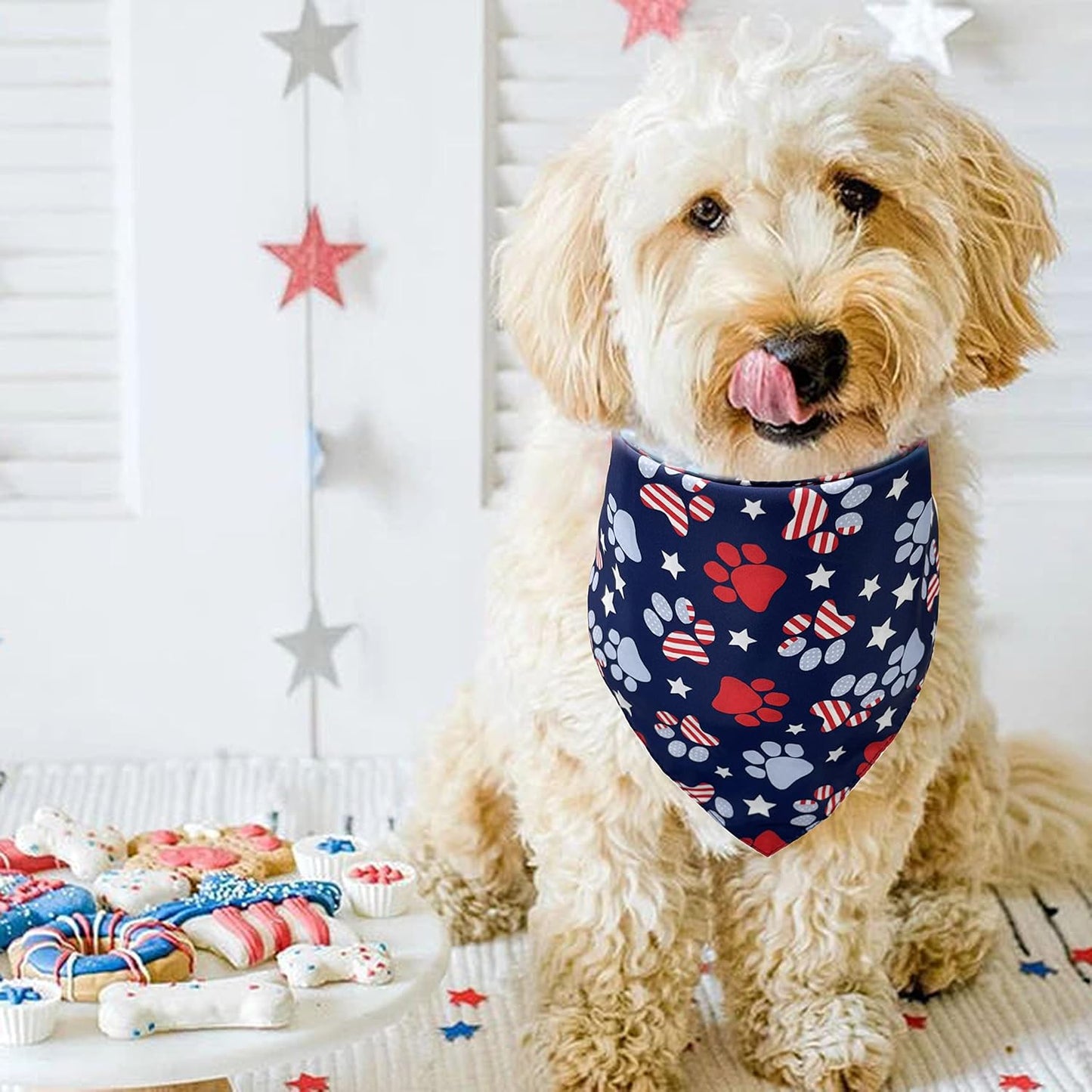 Pohshido large patriotic pet neckerchief showing the double sided holiday pattern