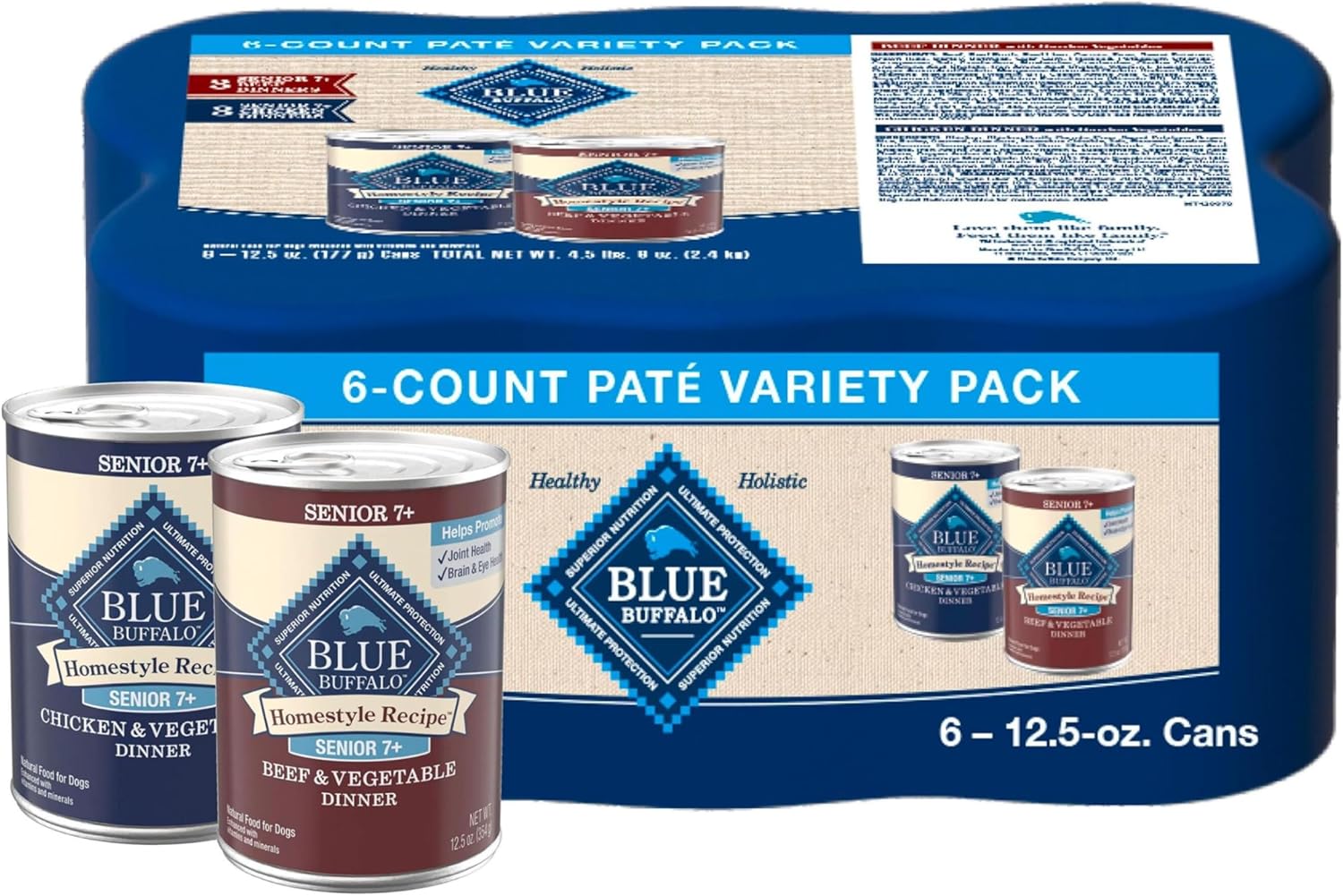 Nutritional facts and ingredient list side view of Blue Buffalo chicken and vegetable senior dog food pack