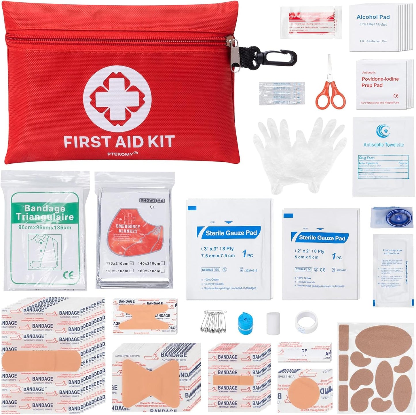 Pteromy 150 Piece Mini First Aid Kit front view of red waterproof pouch.