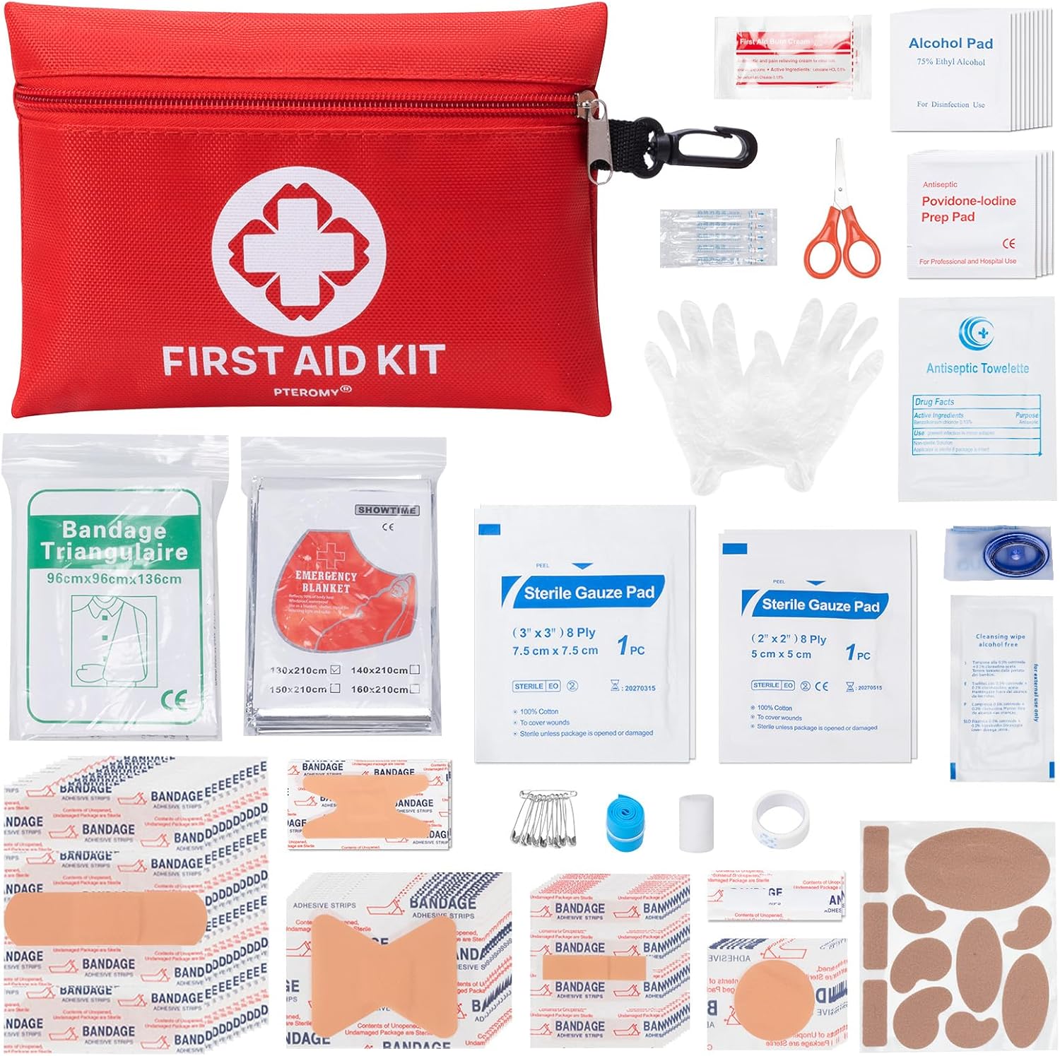 Pteromy 150 Piece Mini First Aid Kit front view of red waterproof pouch.