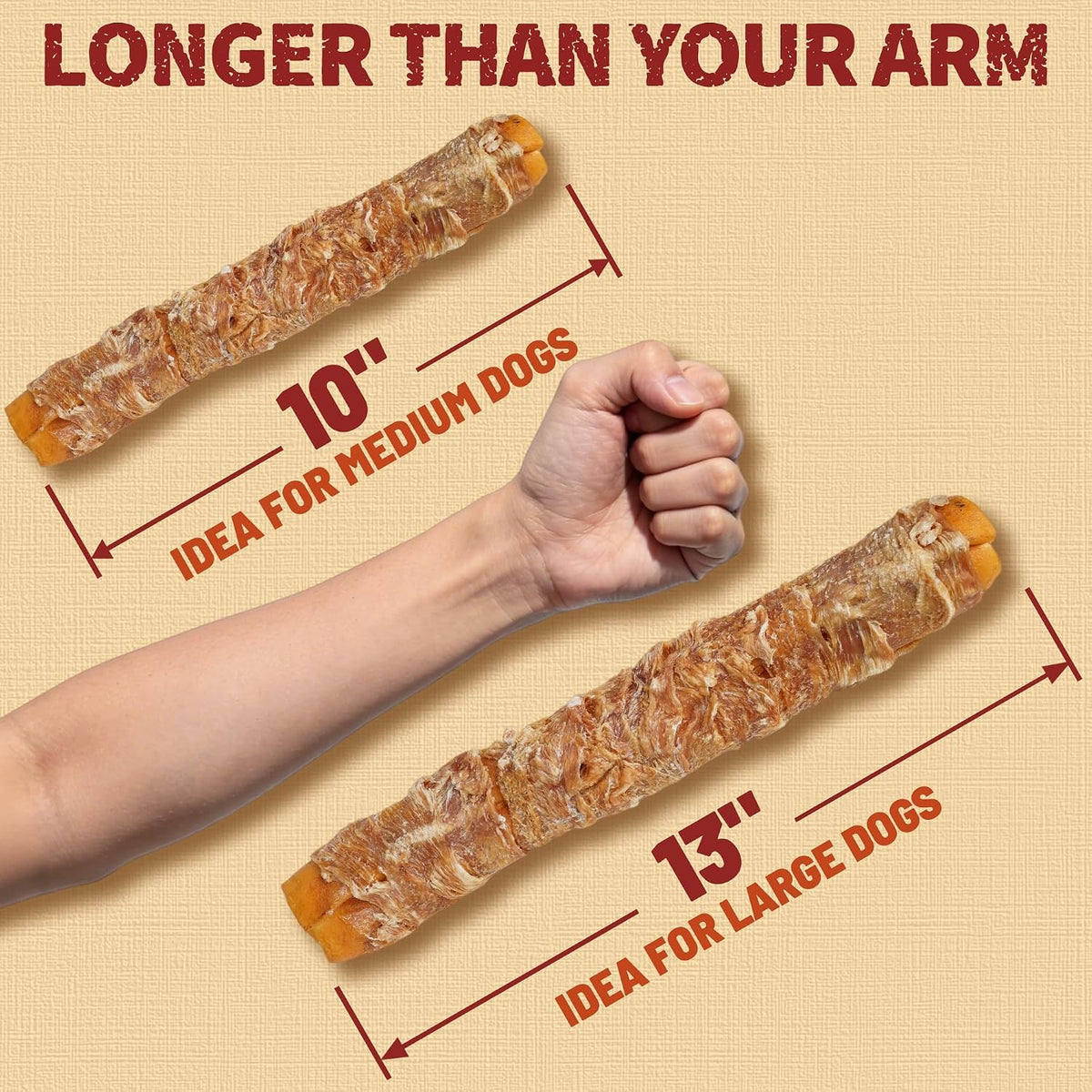 Premium pet chew sticks showing real chicken layer over rawhide core
