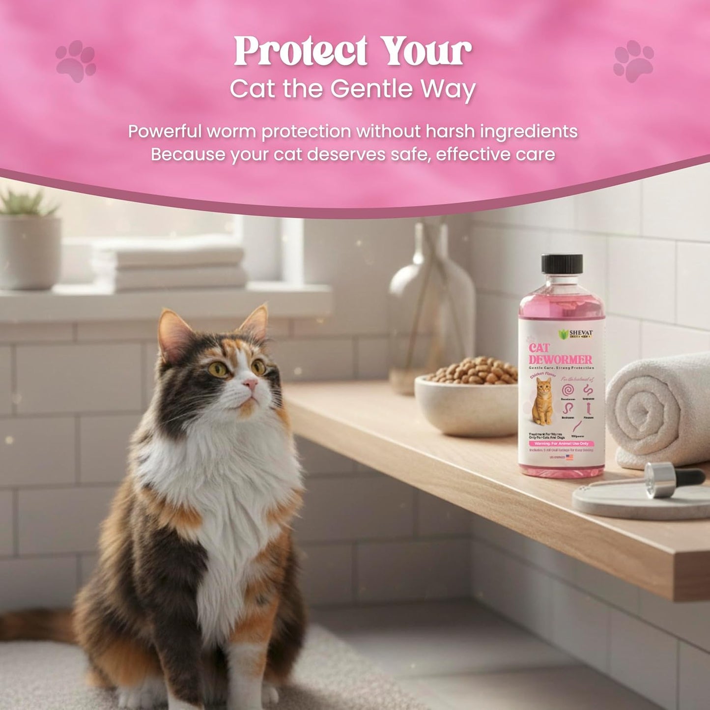 Chicken flavored liquid pet medicine by Shevat Vitamins for domestic felines