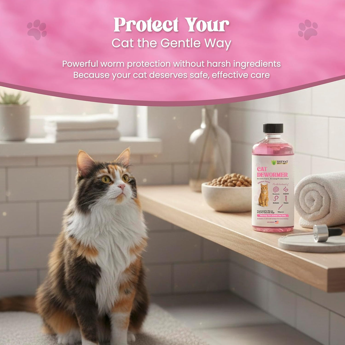 Chicken flavored liquid pet medicine by Shevat Vitamins for domestic felines
