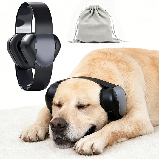 Petvolve dog ear muffs front view showing the adjustable straps and protective ear cups.