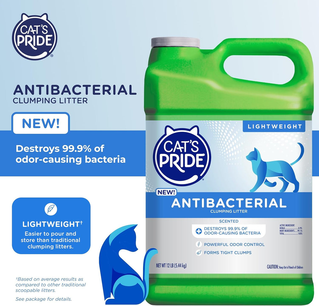 Cat's Pride lightweight clumping litter jug showing antibacterial benefits