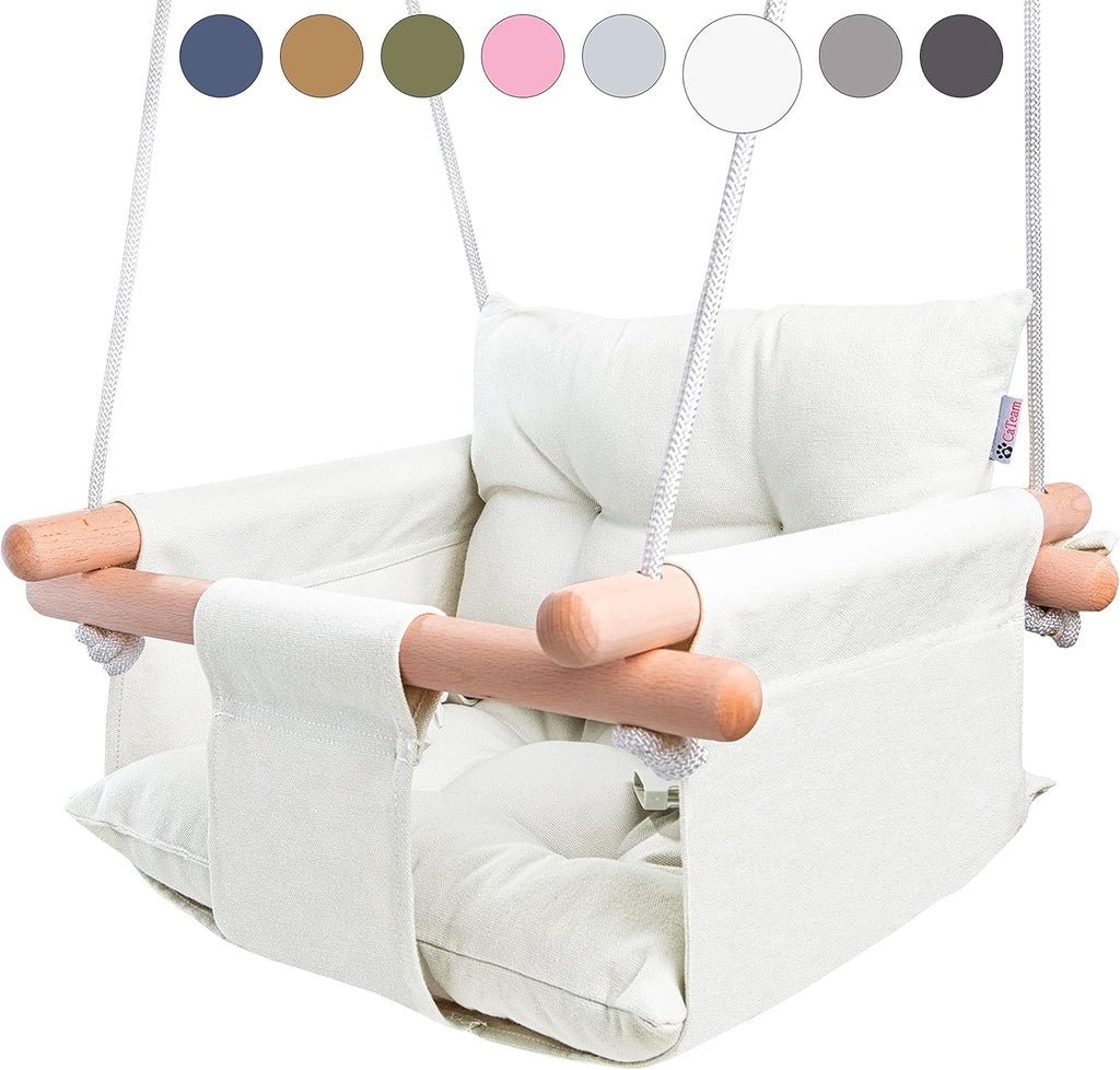 Cateam ivory canvas baby swing front view with wooden dowels