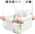 Cateam ivory canvas baby swing front view with wooden dowels