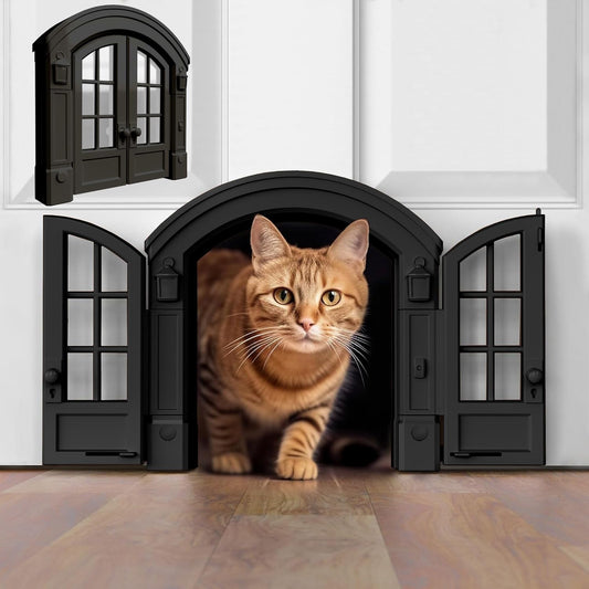 Purrfect Portal French Interior Cat Door front view installed on a white wooden door.