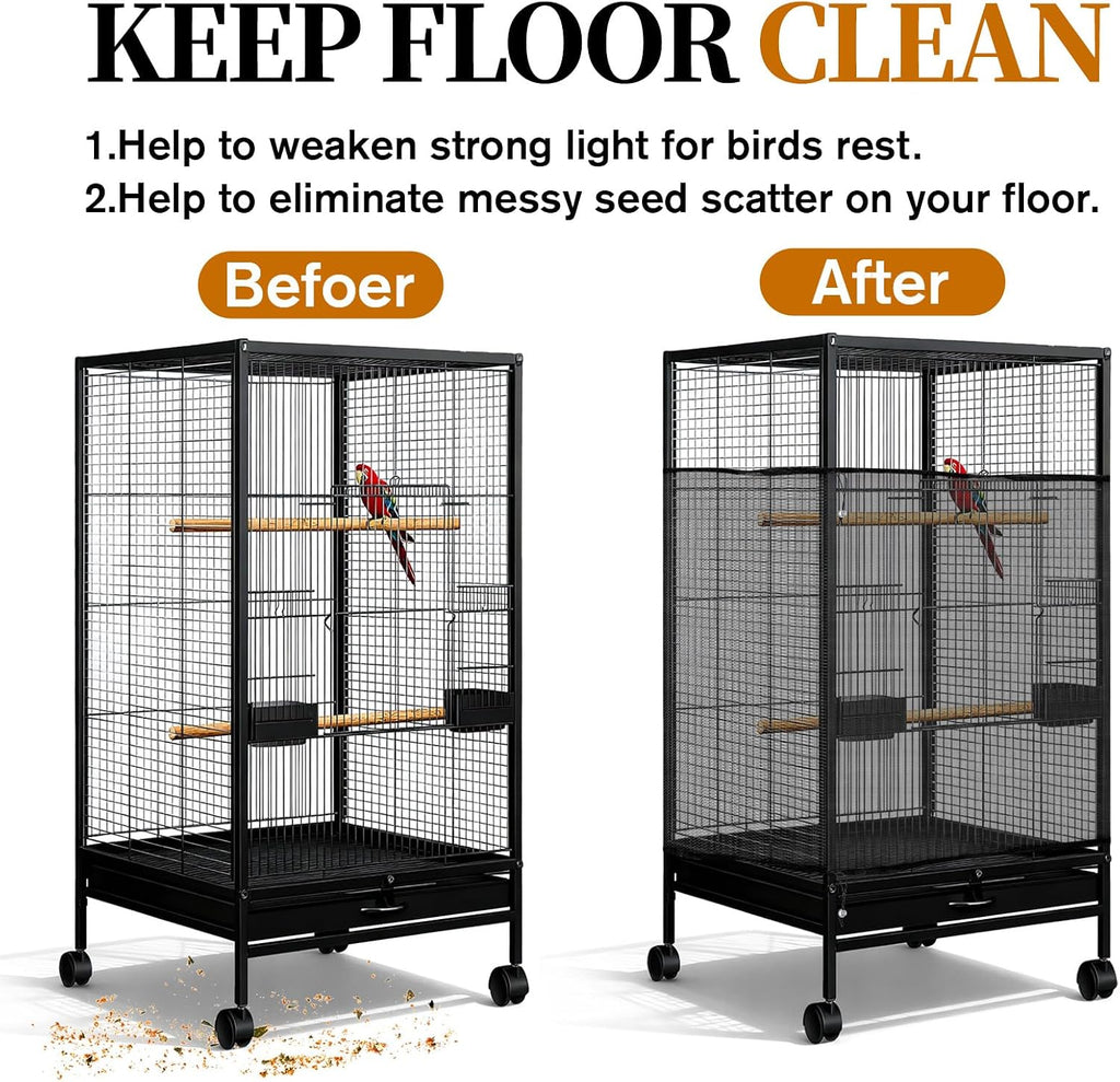 Black bird cage net installed securely around a large parrot cage