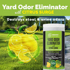 Natural mineral granules being sprinkled onto an artificial grass lawn to stop dog urine odor.