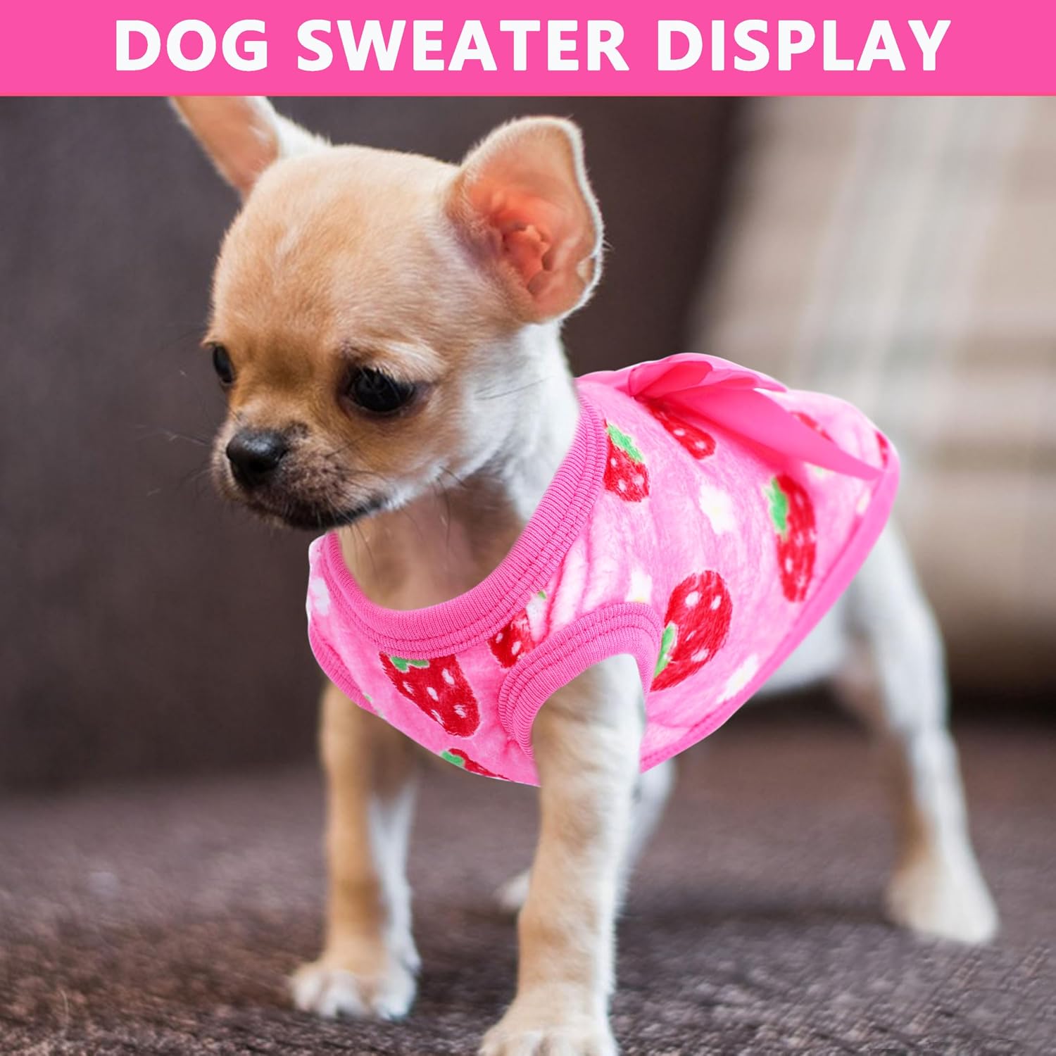 Pink strawberry pattern fleece teacup puppy clothes side view