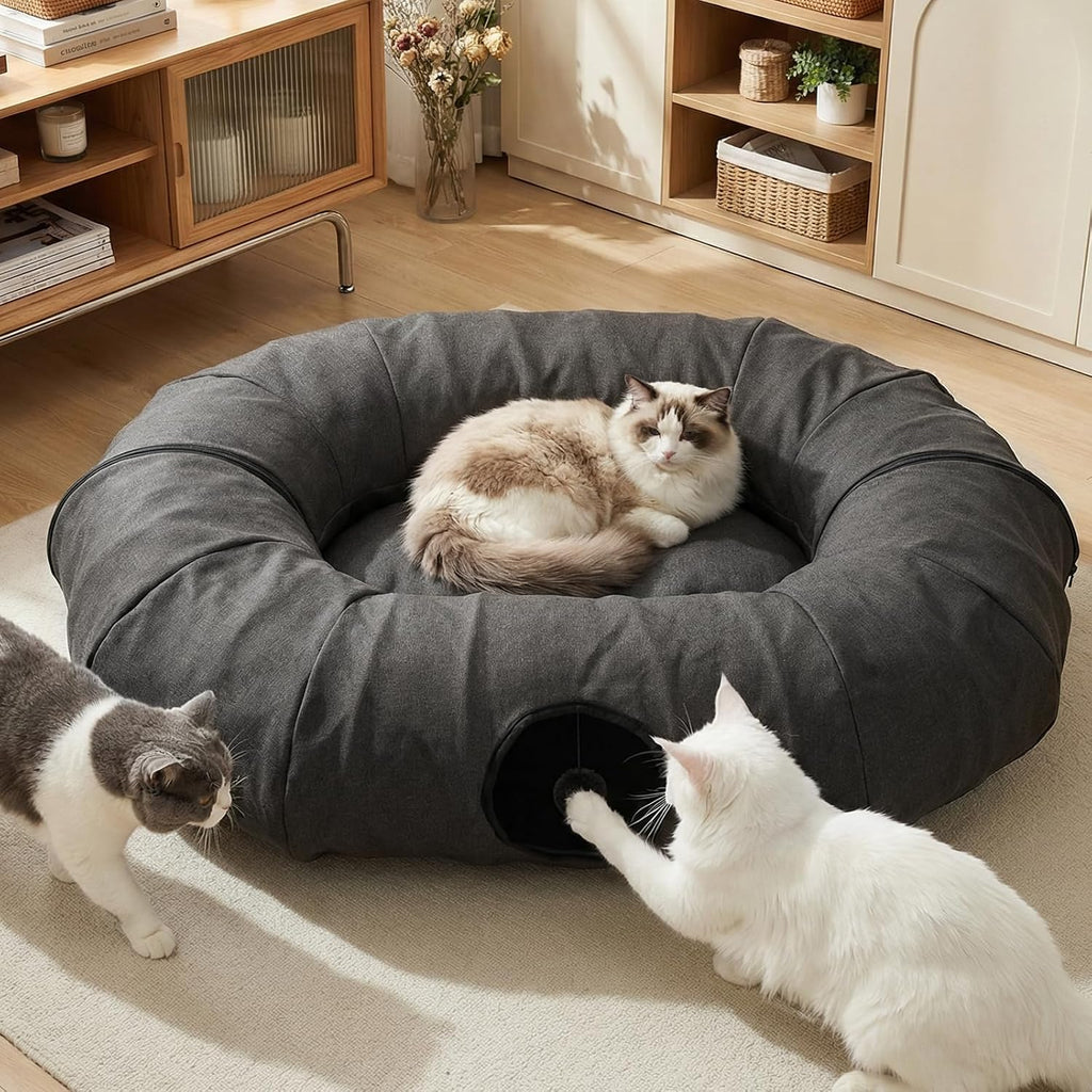 Extra Large Cat Tunnel, 47.2in Multi-Cat Family Big Cat Tunnel for Cats, Long Cat Tunnel Bed with Washable Plush Mat, XXL Pet Play Tunnel Toy for Cats, Puppy, Rabbits Grey - Image 12