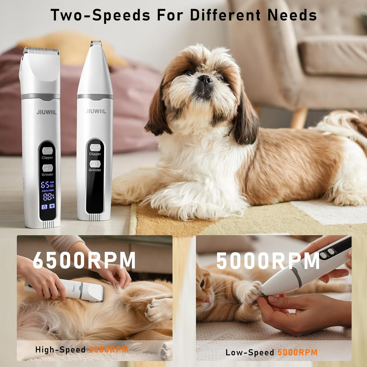 JIUWIIL 4 in 1 pet grooming tool showing interchangeable trimmer heads and nail grinder
