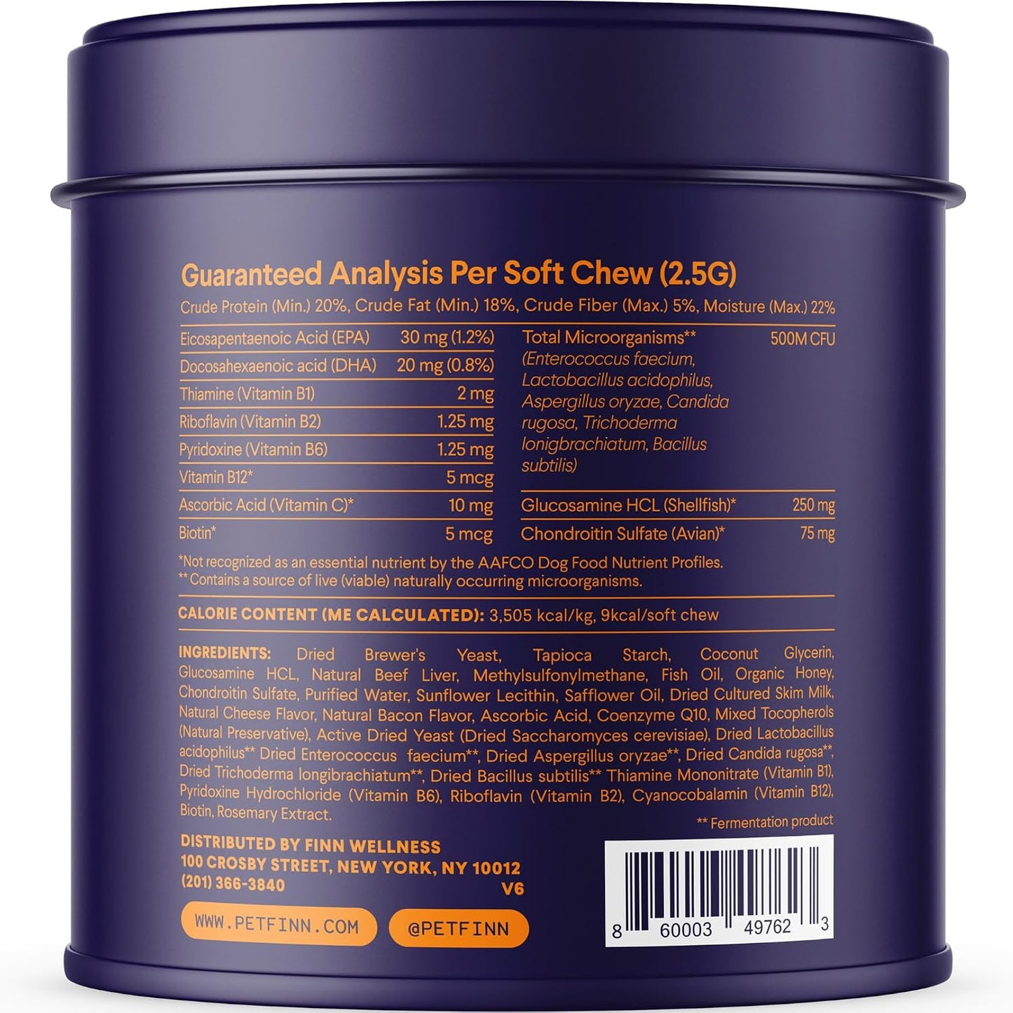 Back label of pet supplement showing vitamins, minerals, and glucosamine ingredients.