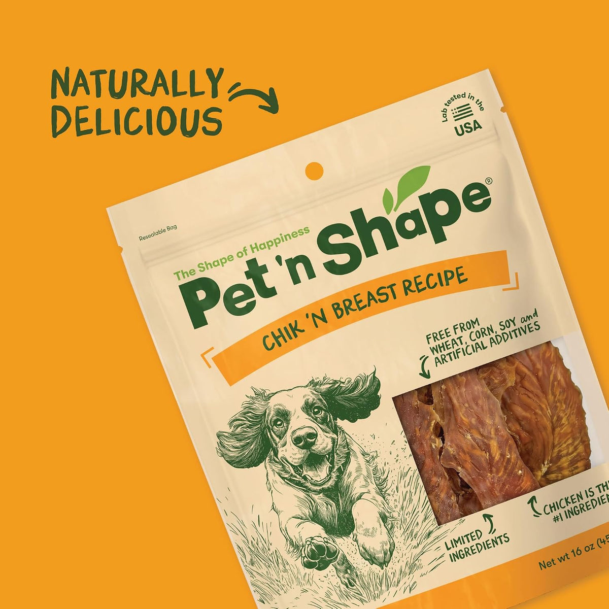 Close up of Pet 'n Shape natural chicken jerky strips