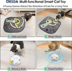 ORSDA automatic cat toy with the alien themed hide and seek play mat attached.