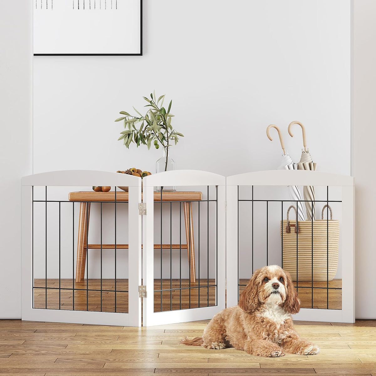 PAWLAND free standing wooden dog gate white front view in a hallway
