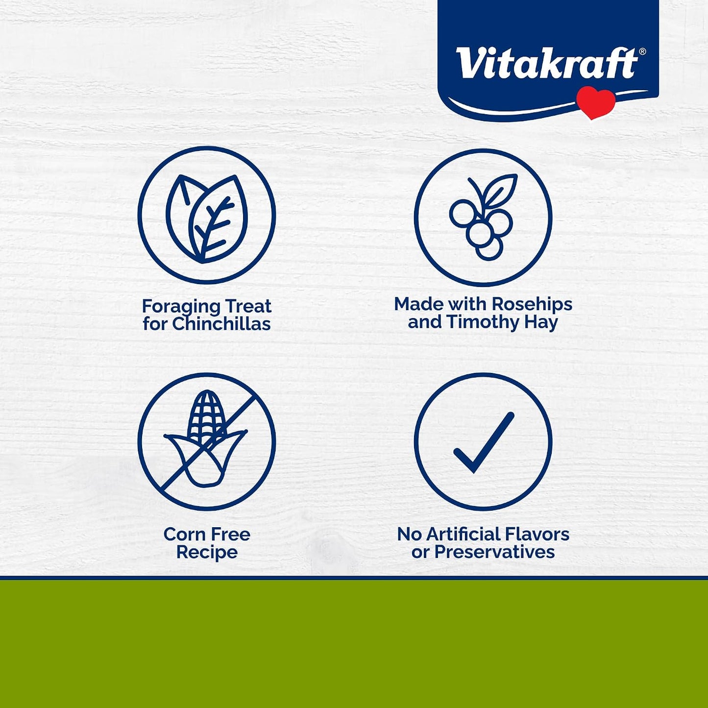 Vitakraft chinchilla forage mix showcasing real dried fruits and rose hips ingredients.