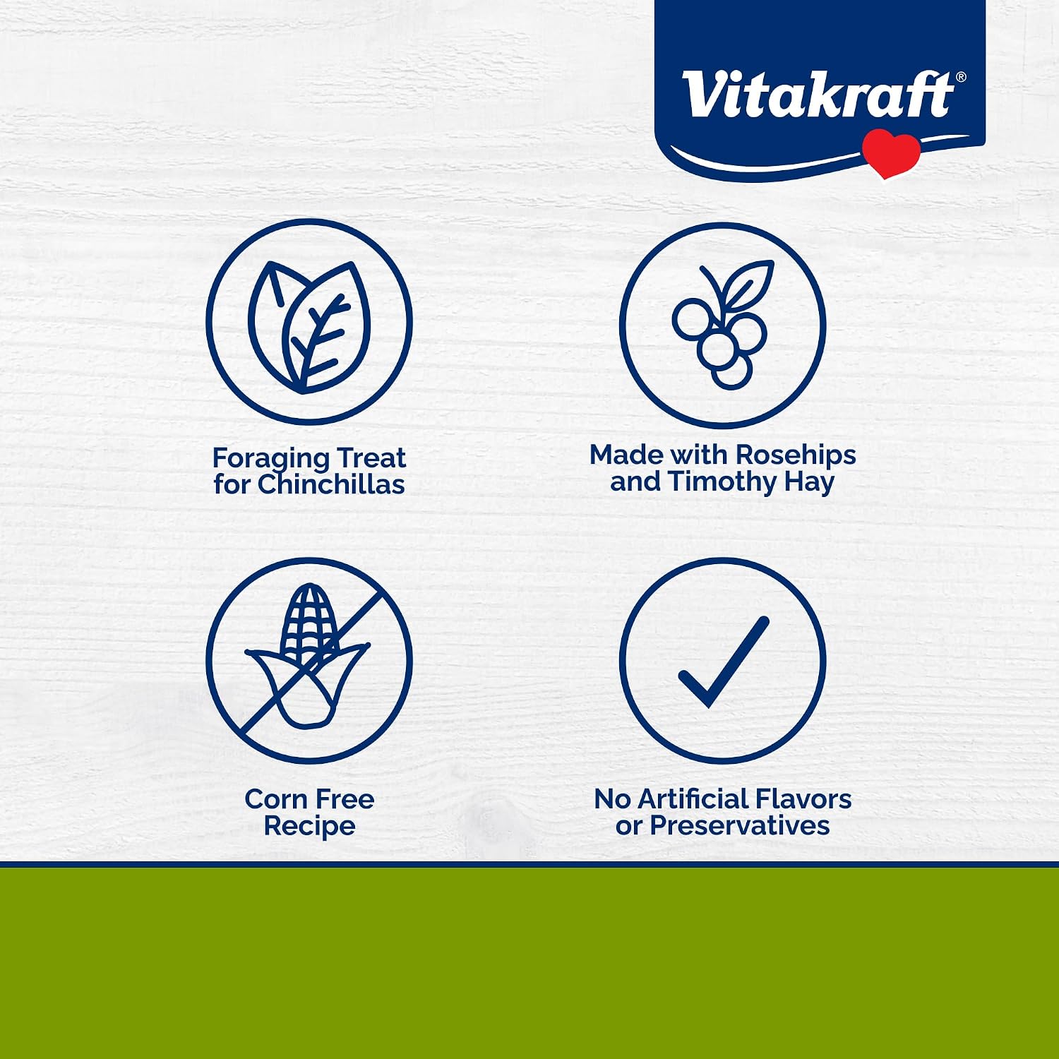 Vitakraft chinchilla forage mix showcasing real dried fruits and rose hips ingredients.