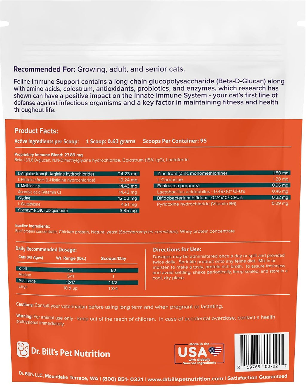 Dr. Bill's Feline Immune Support | Boosts Cat Immunity and Health with Colostrum, Beta Glucan, Turkey Tail Mushroom, Zinc & Vitamin C | Powder Supplement for Cats of All Ages - Image 9