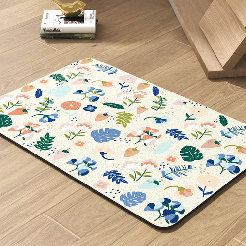 Absorbent dog mat for food and water bowls placed on living room floor