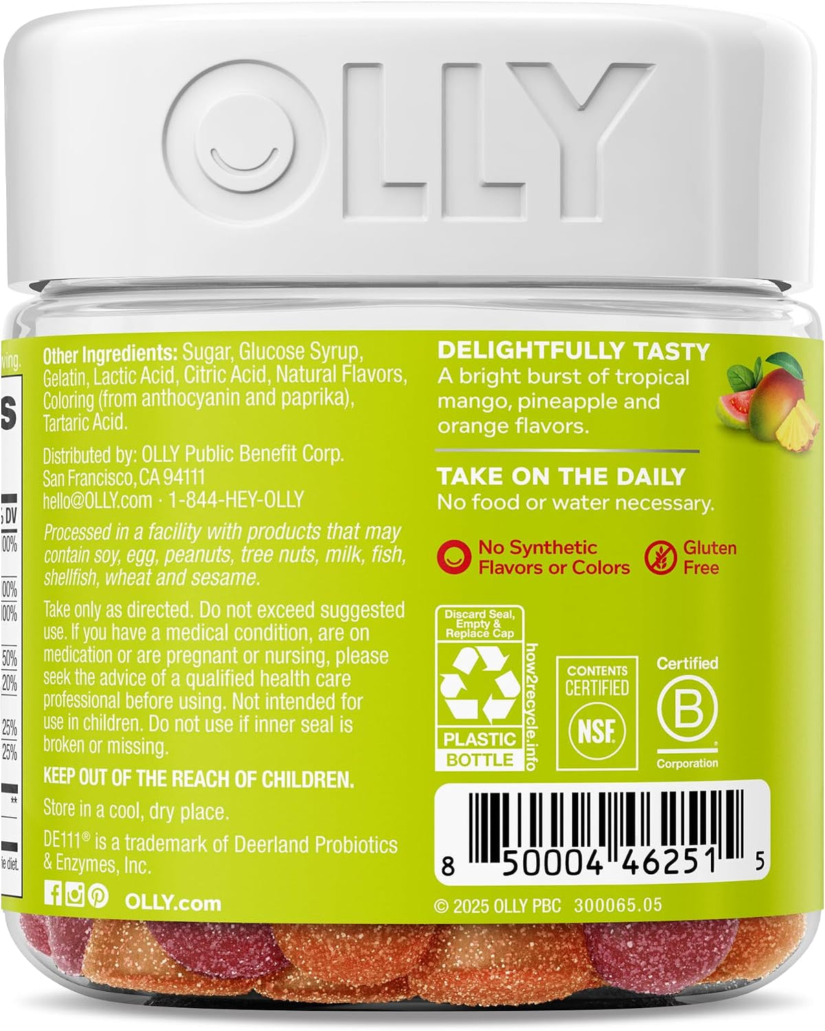 Back panel of Olly gummy vitamin container with suggested use instructions