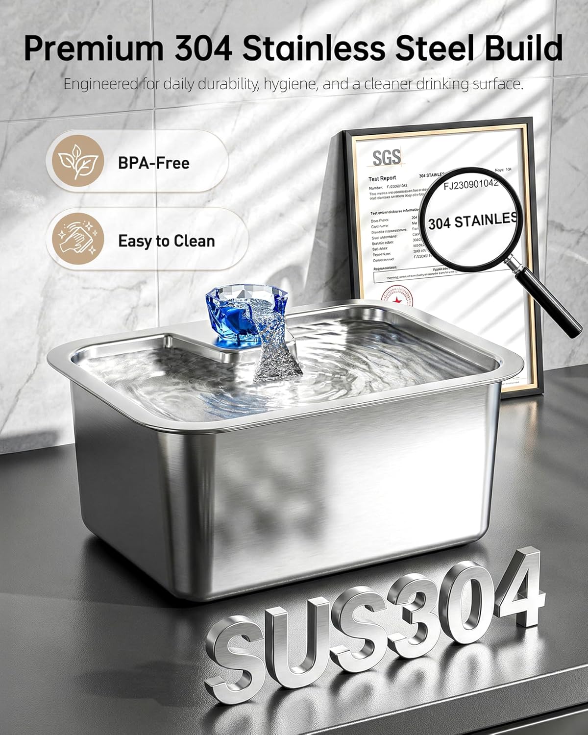 Multi-pet stainless steel water fountain for large breeds