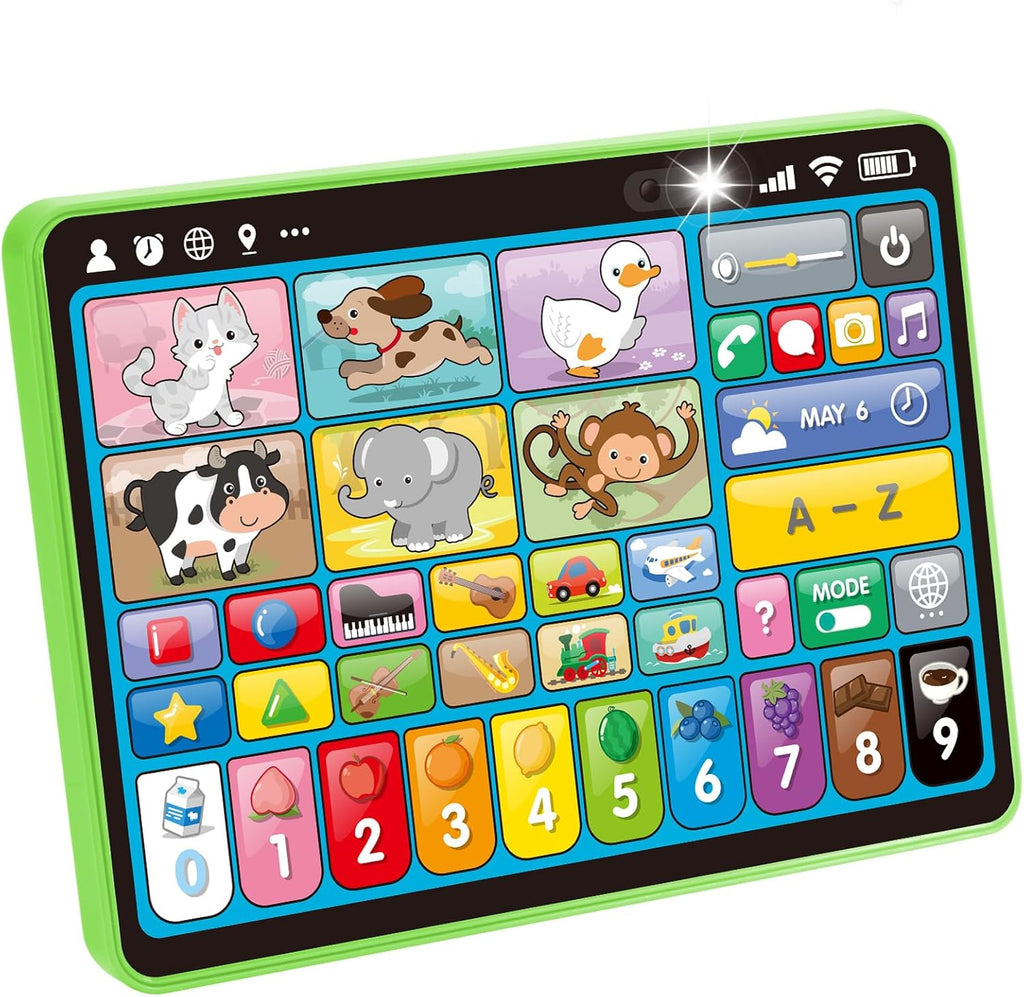 Hahaland multilingual learning tablet front view showing animal icons and color-coded number buttons.