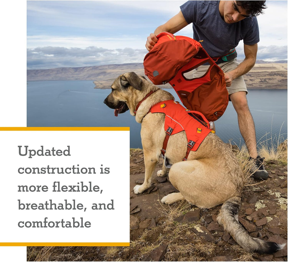 Two included one liter collapsible hydration bladders next to the Ruffwear Palisades pack.