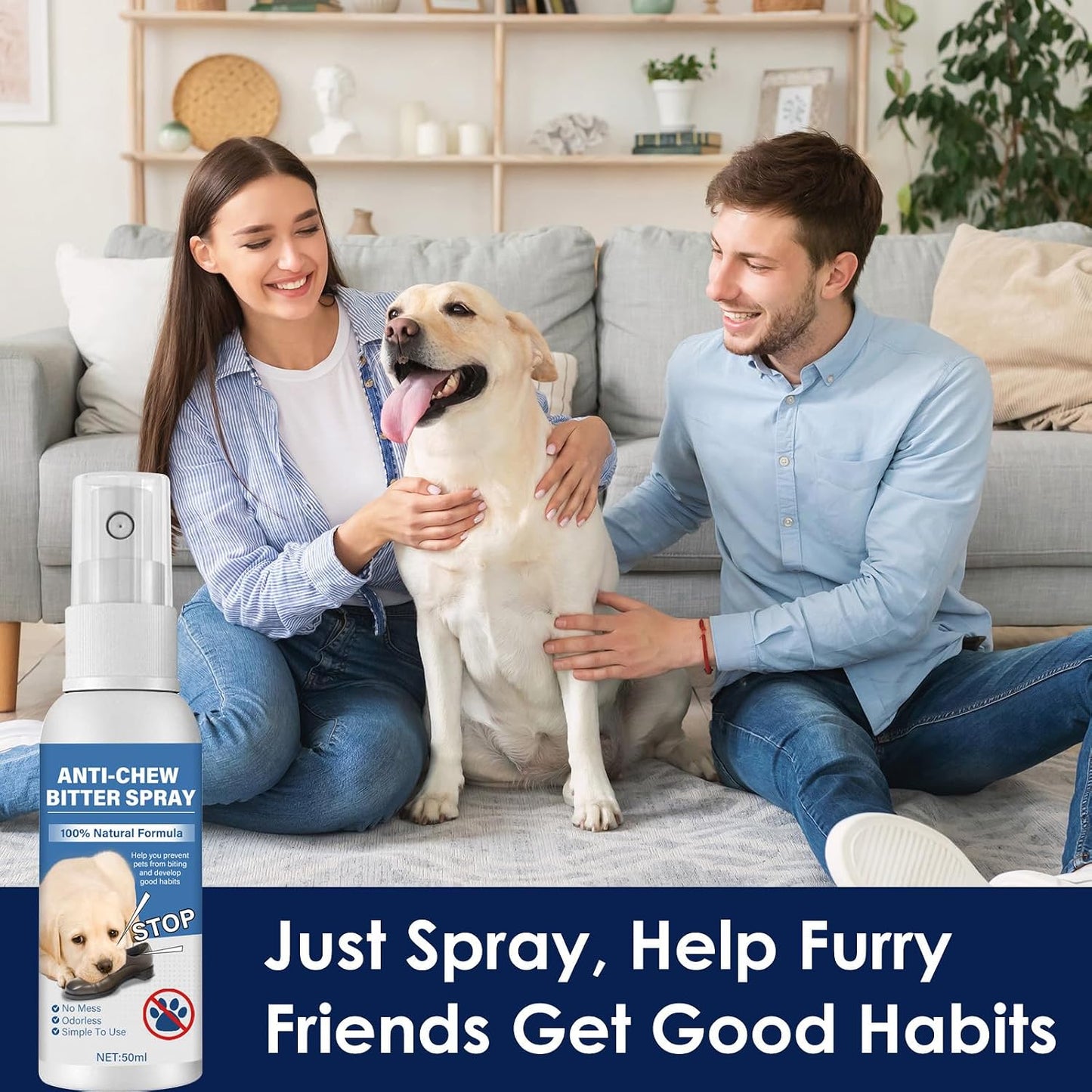 Usage demonstration of anti-chew spray on furniture