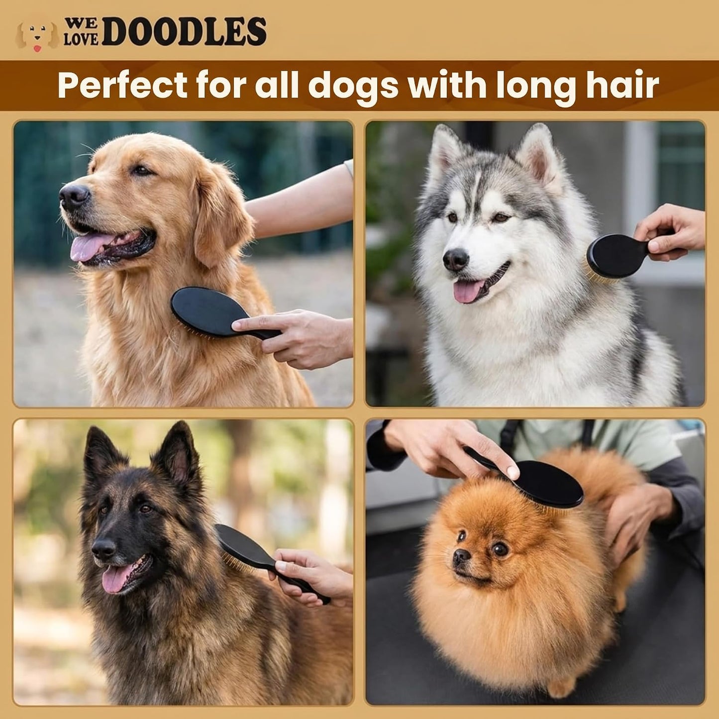 We Love Doodles pet grooming detangler showing the dense arrangement of polished gold pins.