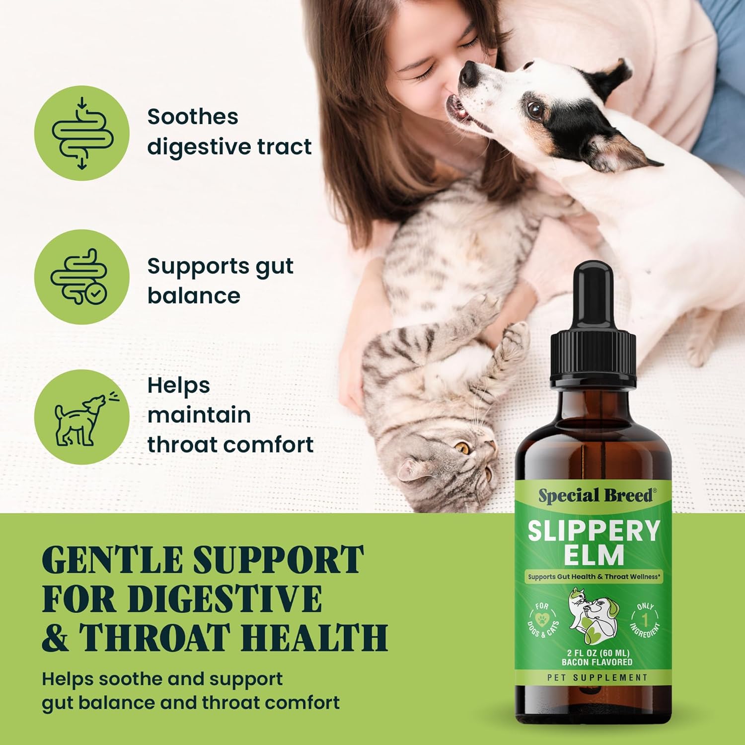 Bacon flavored slippery elm drops for pet gut support
