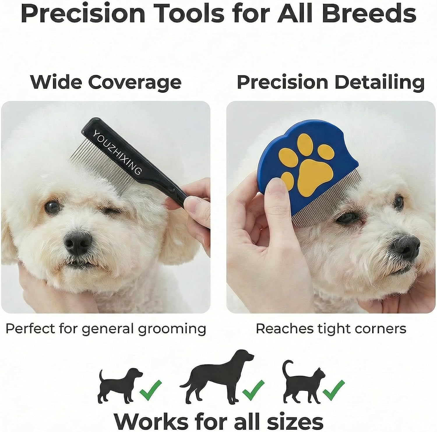 Close up view of the rounded tip stainless steel comb removing eye crust safely