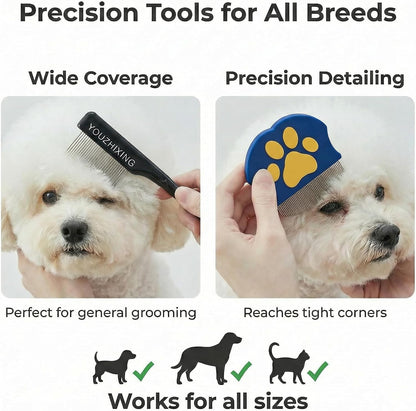 Close up view of the rounded tip stainless steel comb removing eye crust safely