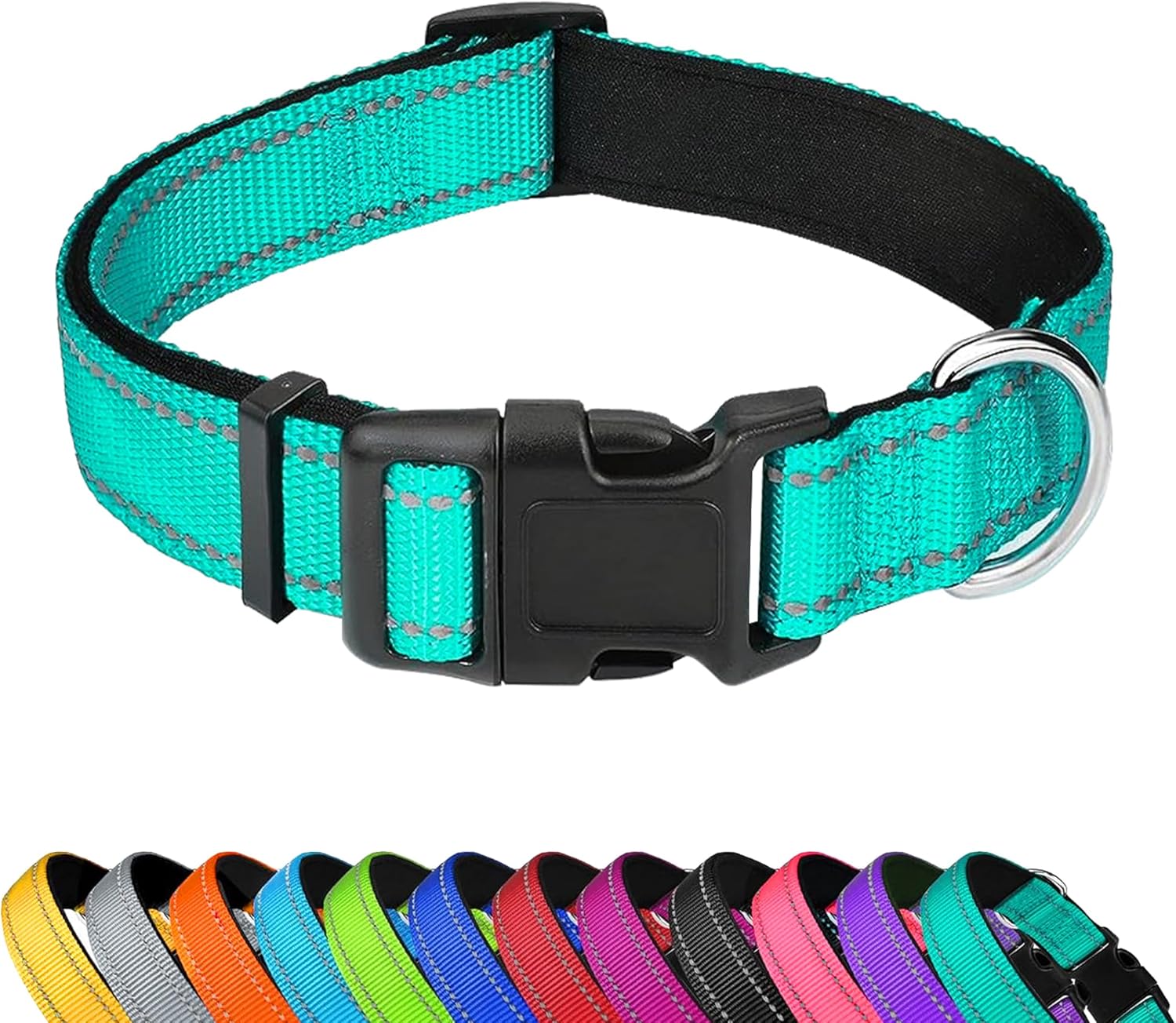 PWOD teal reflective dog collar front view for medium dogs