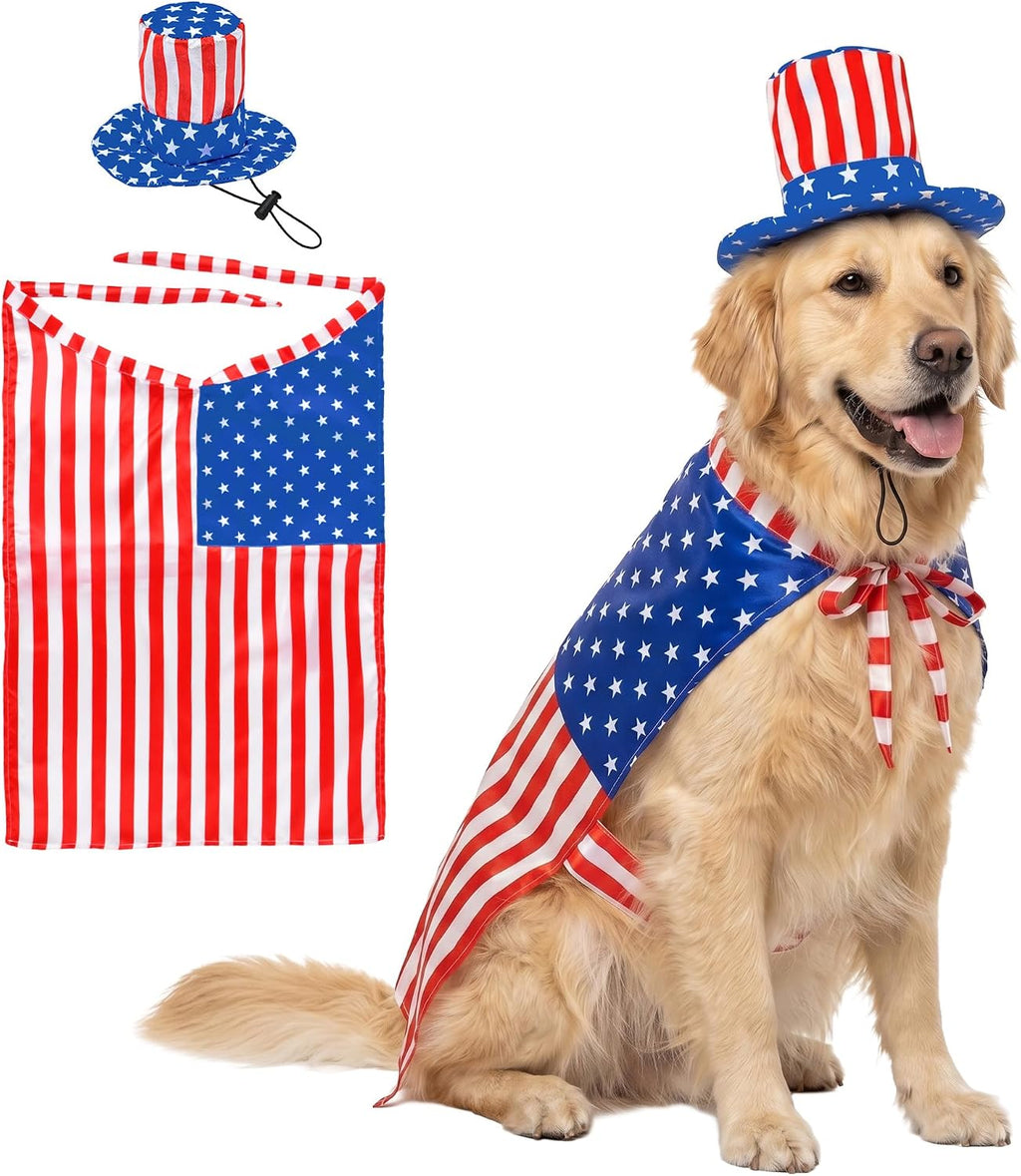 Vehomy 4th of July Dog Costume front view showing the full American flag cape and Uncle Sam hat on a large dog.