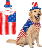 Vehomy 4th of July Dog Costume front view showing the full American flag cape and Uncle Sam hat on a large dog.