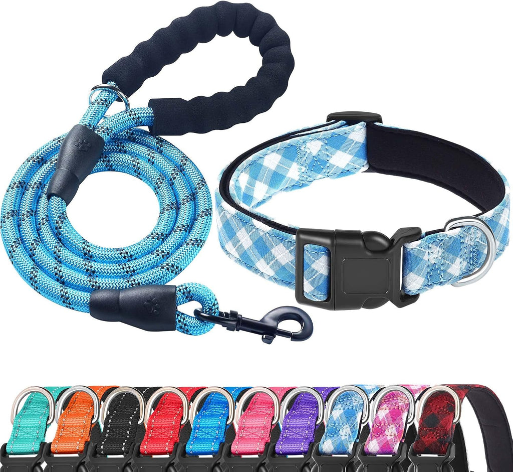 Ladoogo Reflective Dog Collar Padded with Soft Neoprene Breathable Adjustable Nylon Dog Collars for Small Medium Large Dogs (Medium (Pack of 1), Blue Collar+Leash) - Image 10