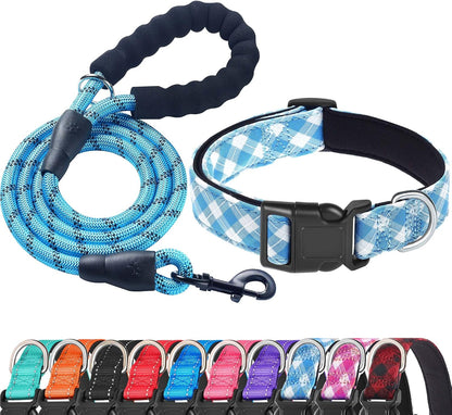 Ladoogo Reflective Dog Collar Padded with Soft Neoprene Breathable Adjustable Nylon Dog Collars for Small Medium Large Dogs (Medium (Pack of 1), Blue Collar+Leash) - Image 10