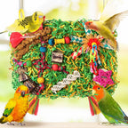 Bird toy hanging securely inside a wire enclosure