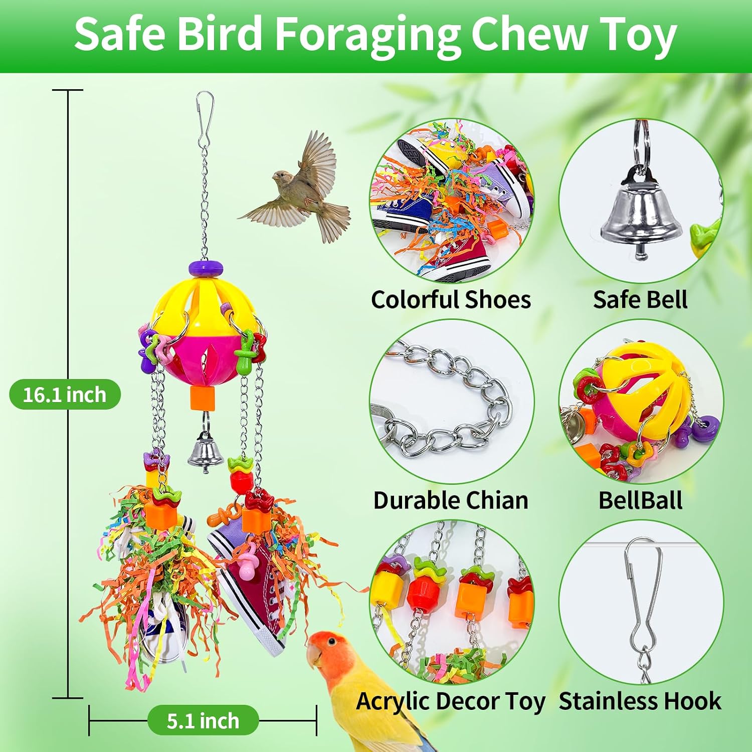 Loperdeve interactive foraging bird cage toy showing acrylic pacifiers and central ball