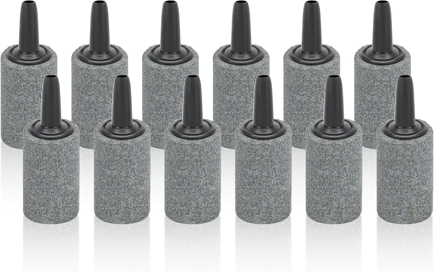 DaToo Aquarium Air Stone One Inch Twelve Pack front view of gray cylindrical aerators.