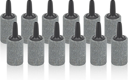 DaToo Aquarium Air Stone One Inch Twelve Pack front view of gray cylindrical aerators.